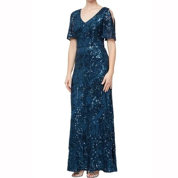 Alex Evenings | Dresses | Alex Evenings Sequin Dress With Cold Shoulder  Flutter Sleeve | Poshmark